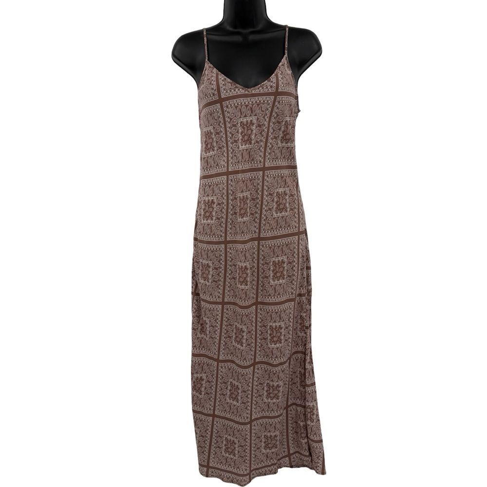 NLT Block Paisley Print Bandana Spaghetti Strap Dress | Brown/White | Large